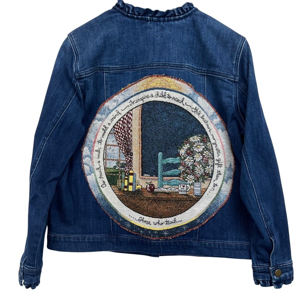 Upcycled Reworked Denim Jacket Womens L Blue Teacher‎ Tapestry Ruffle Trim